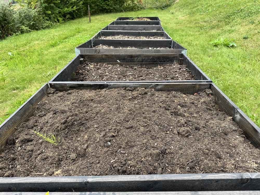 Pallekarmer med jord uten planter. Foto. 