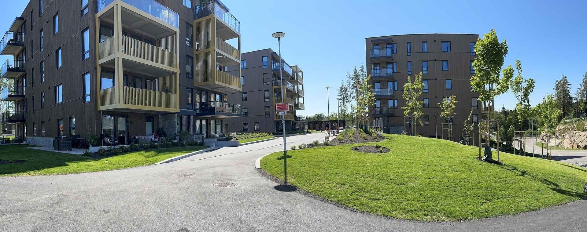 Grøntområde utenfor nye boligblokker. Foto. 