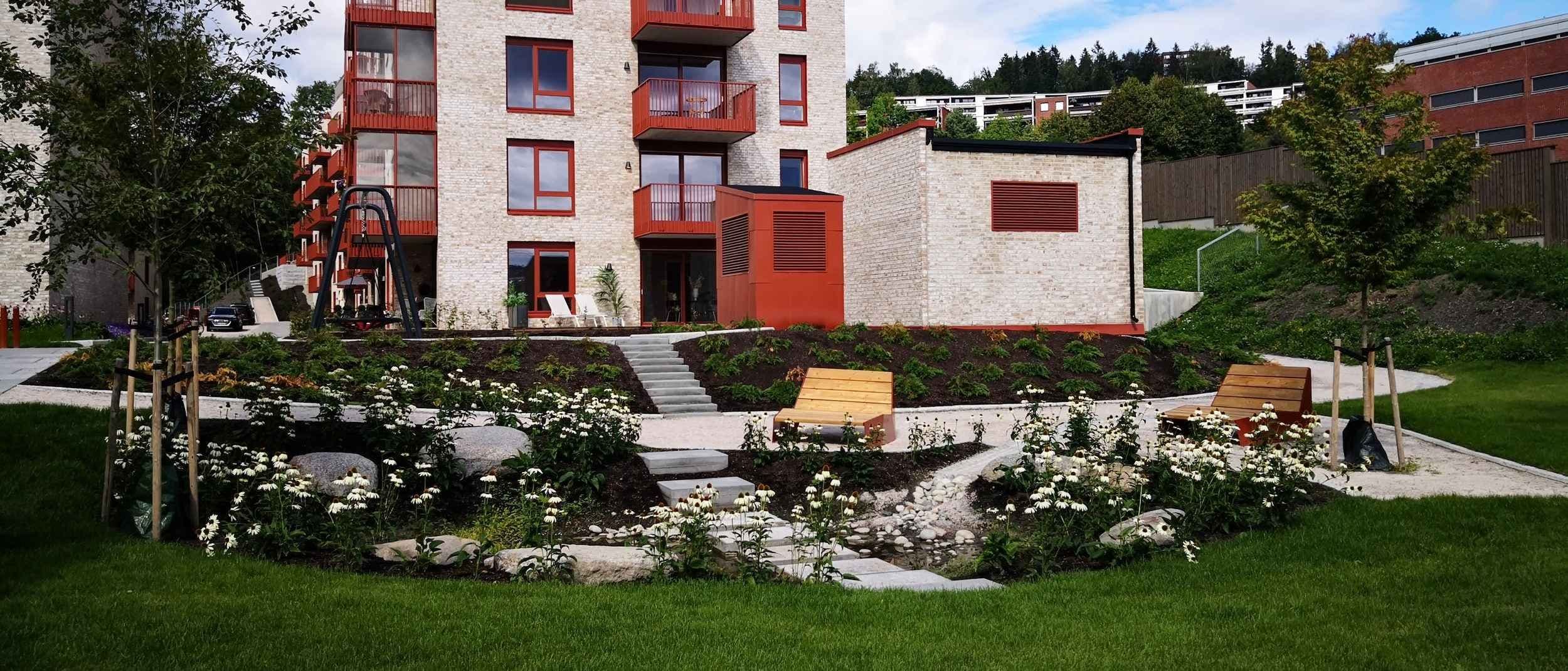 Grøntanlegg foran moderne boligblokk. Foto.